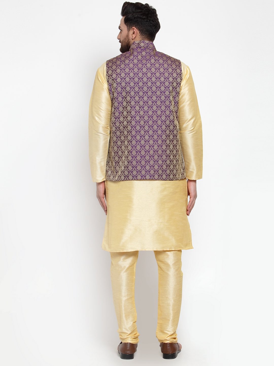 Men's Golden Solid Kurta with Churidar & Purple Jacquard Nehru Jacket - Virat Fashions