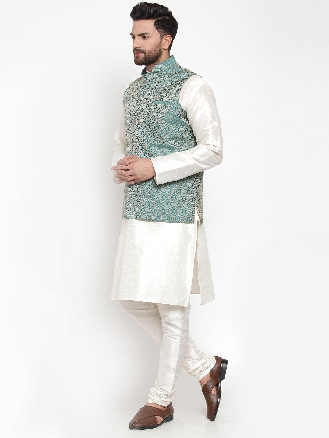 Men's Off White Solid Kurta with Churidar & Green Jacquard Nehru Jacket - Virat Fashions