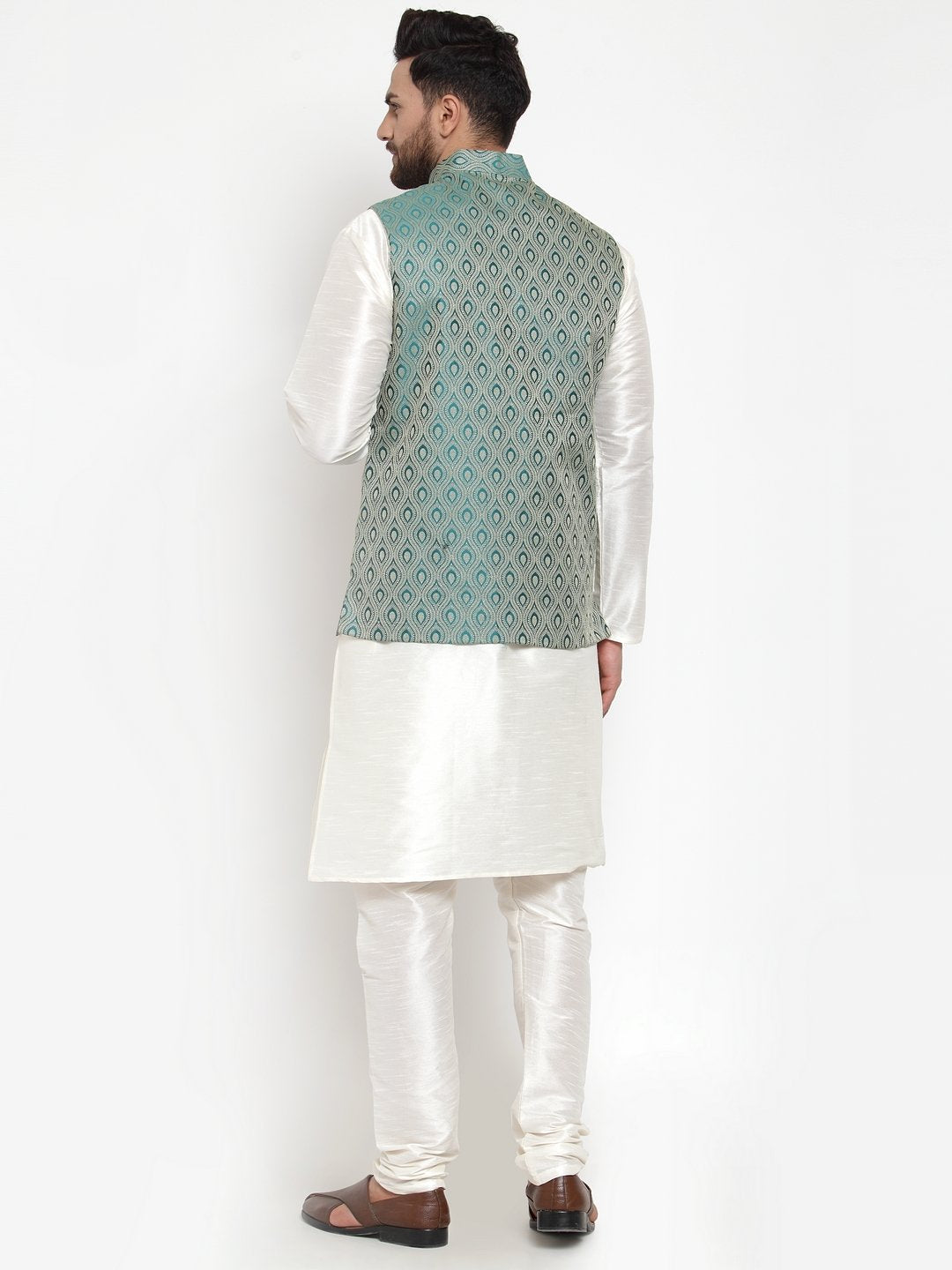 Men's Off White Solid Kurta with Churidar & Green Jacquard Nehru Jacket - Virat Fashions