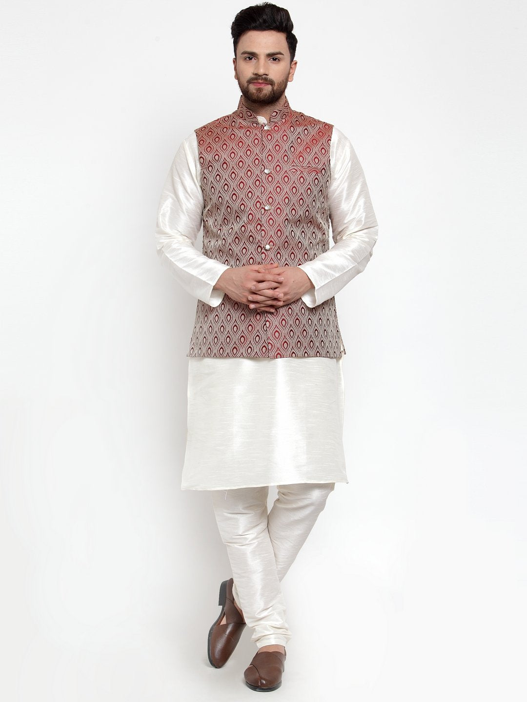 Men's Off White Solid Kurta with Churidar & Maroon Jacquard Nehru Jacket - Virat Fashions