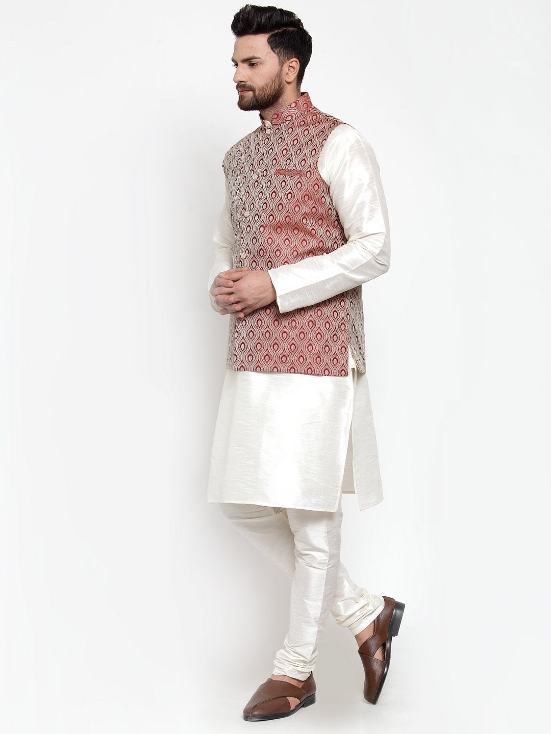 Men's Off White Solid Kurta with Churidar & Maroon Jacquard Nehru Jacket - Virat Fashions