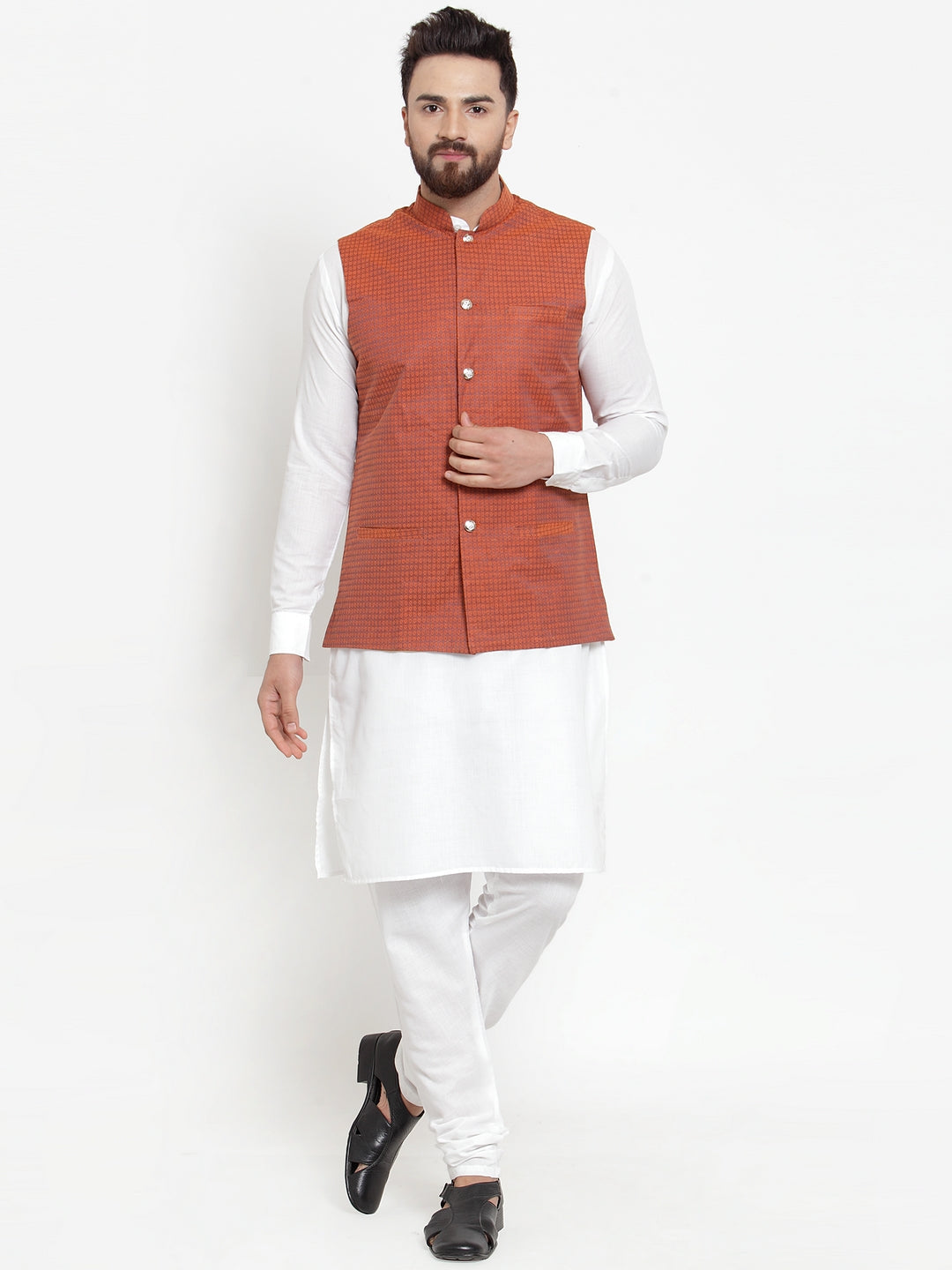 Men's Solid Cotton Kurta Pajama with Woven Jacquard Waistcoat ( JOKP WC 4057 Red ) - Virat Fashions