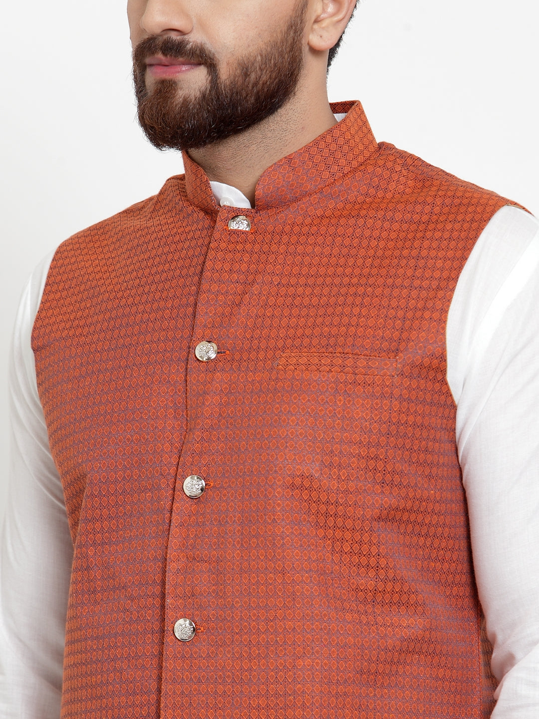 Men's Solid Cotton Kurta Pajama with Woven Jacquard Waistcoat ( JOKP WC 4057 Red ) - Virat Fashions