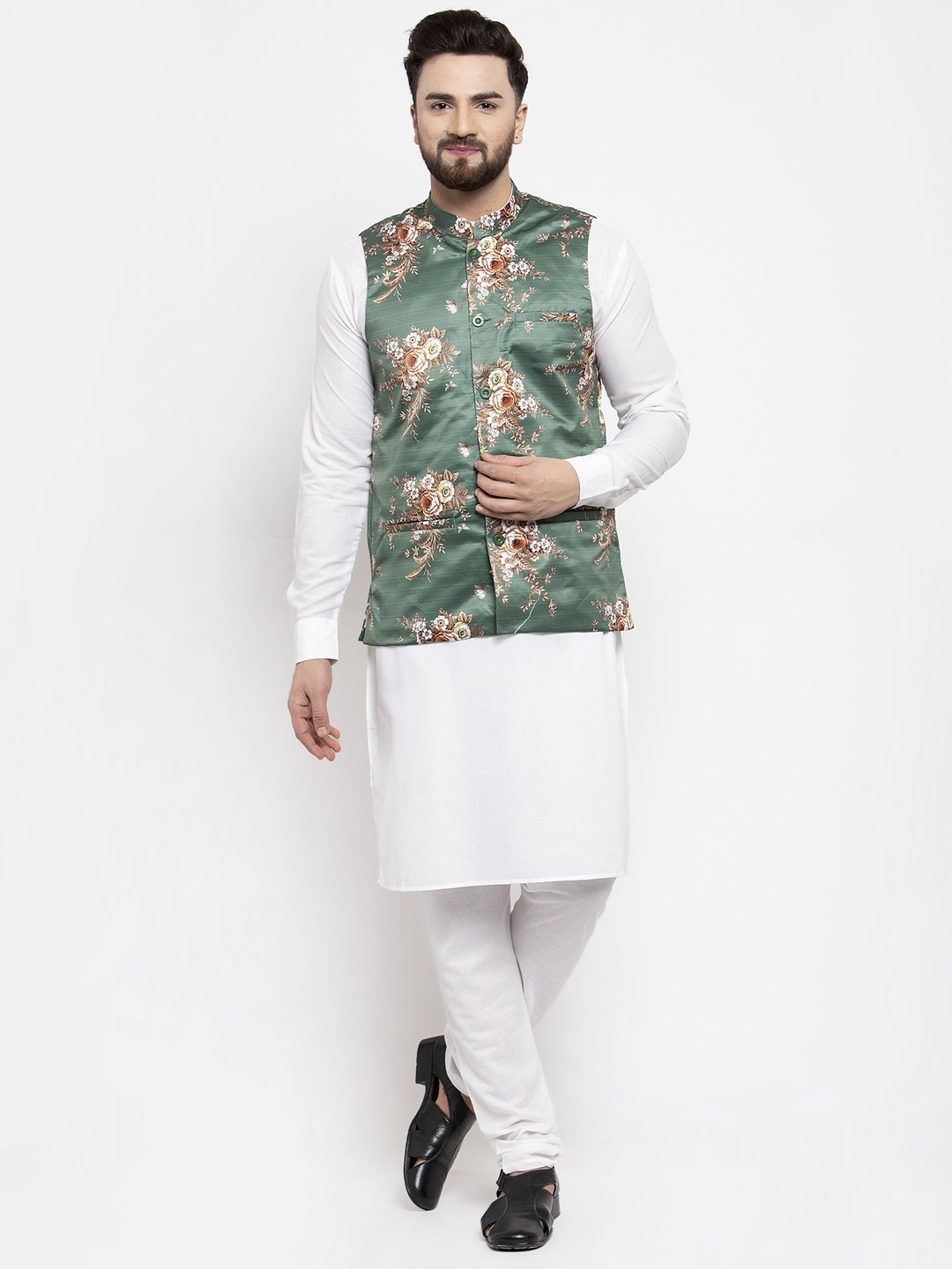 Men's White Solid Kurta with Churidar & Green Printed Nehru Jacket - Virat Fashions