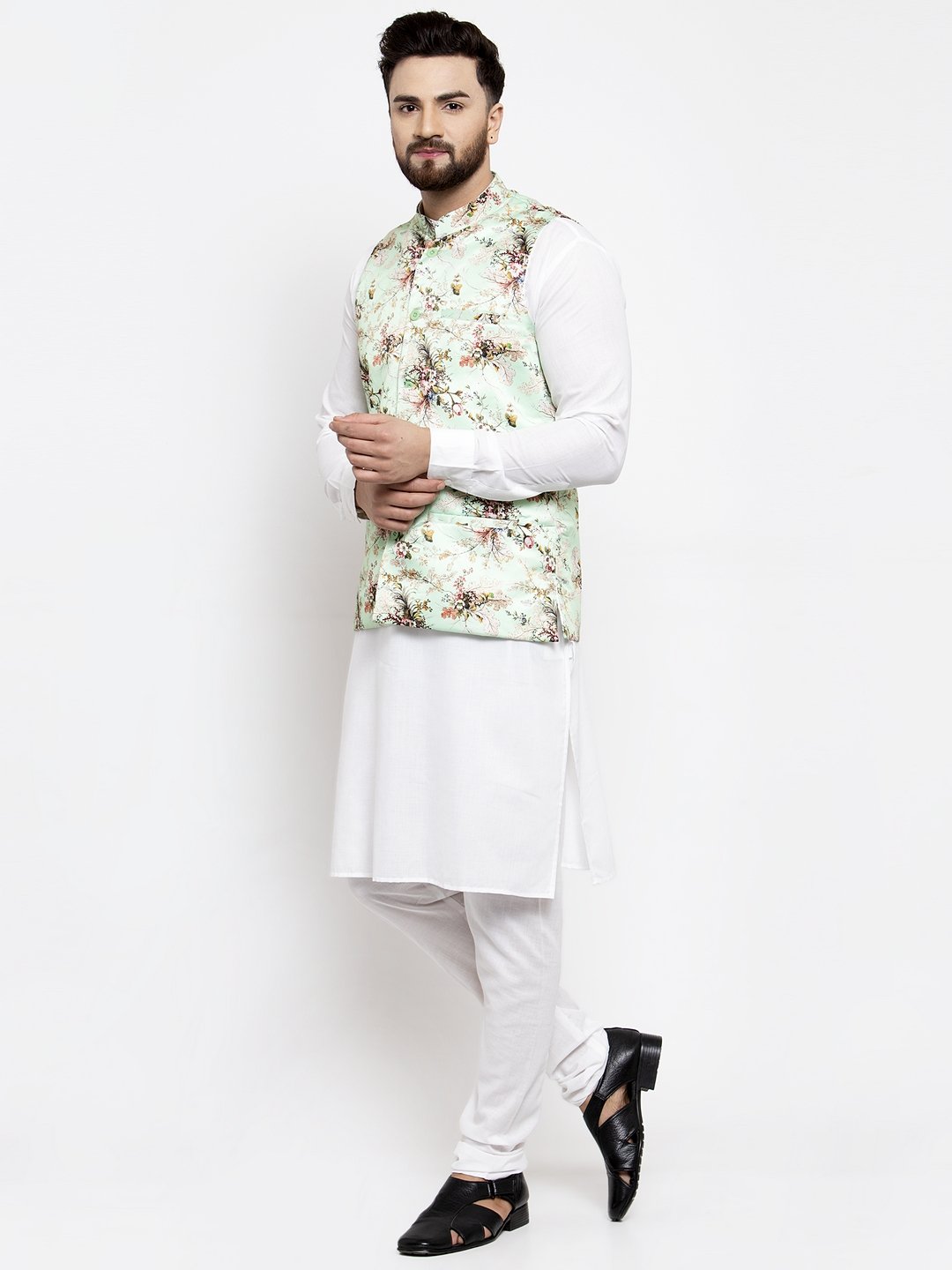 Men's White Solid Kurta with Churidar & Lime Green Printed Nehru Jacket - Virat Fashions