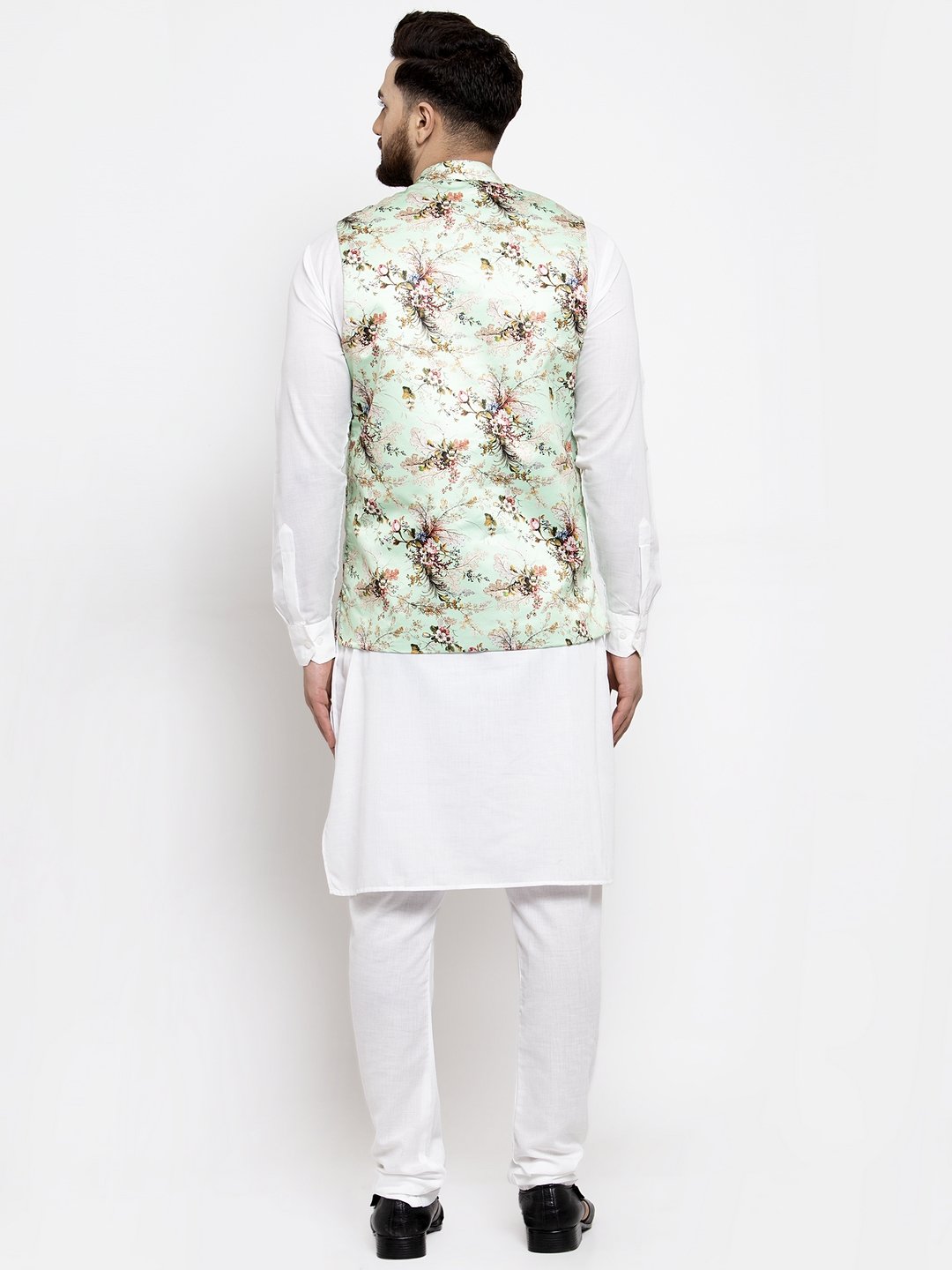 Men's White Solid Kurta with Churidar & Lime Green Printed Nehru Jacket - Virat Fashions