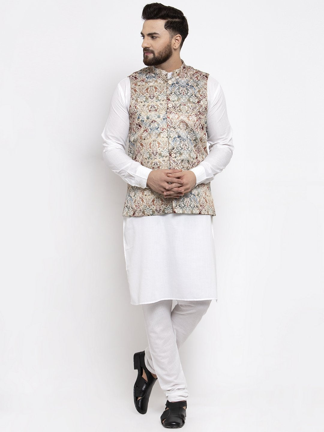 Men's White Solid Kurta with Churidar & Multi color Printed Nehru Jacket - Virat Fashions
