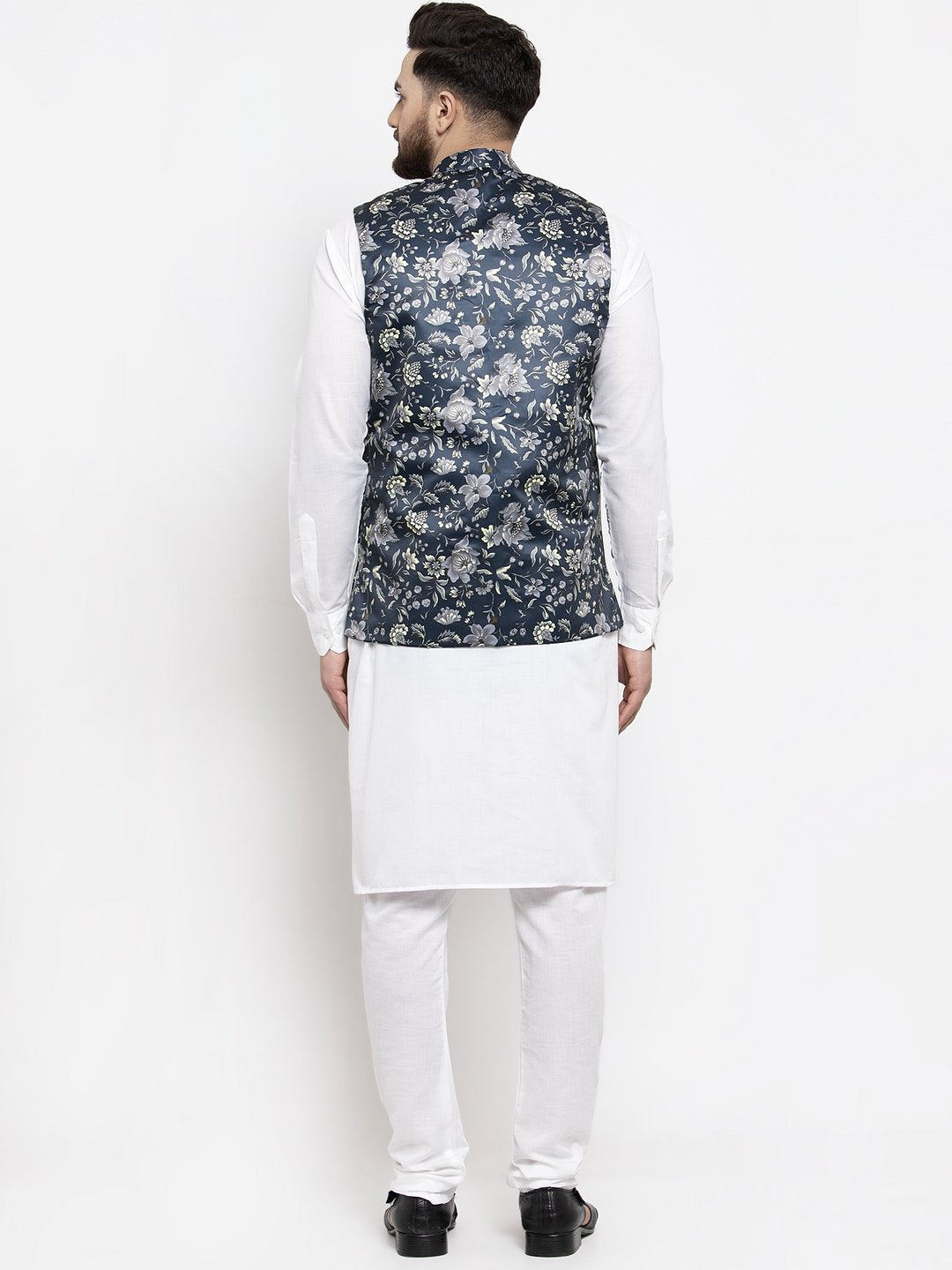 Men's White Solid Kurta with Churidar & Navy Blue Printed Nehru Jacket - Virat Fashions