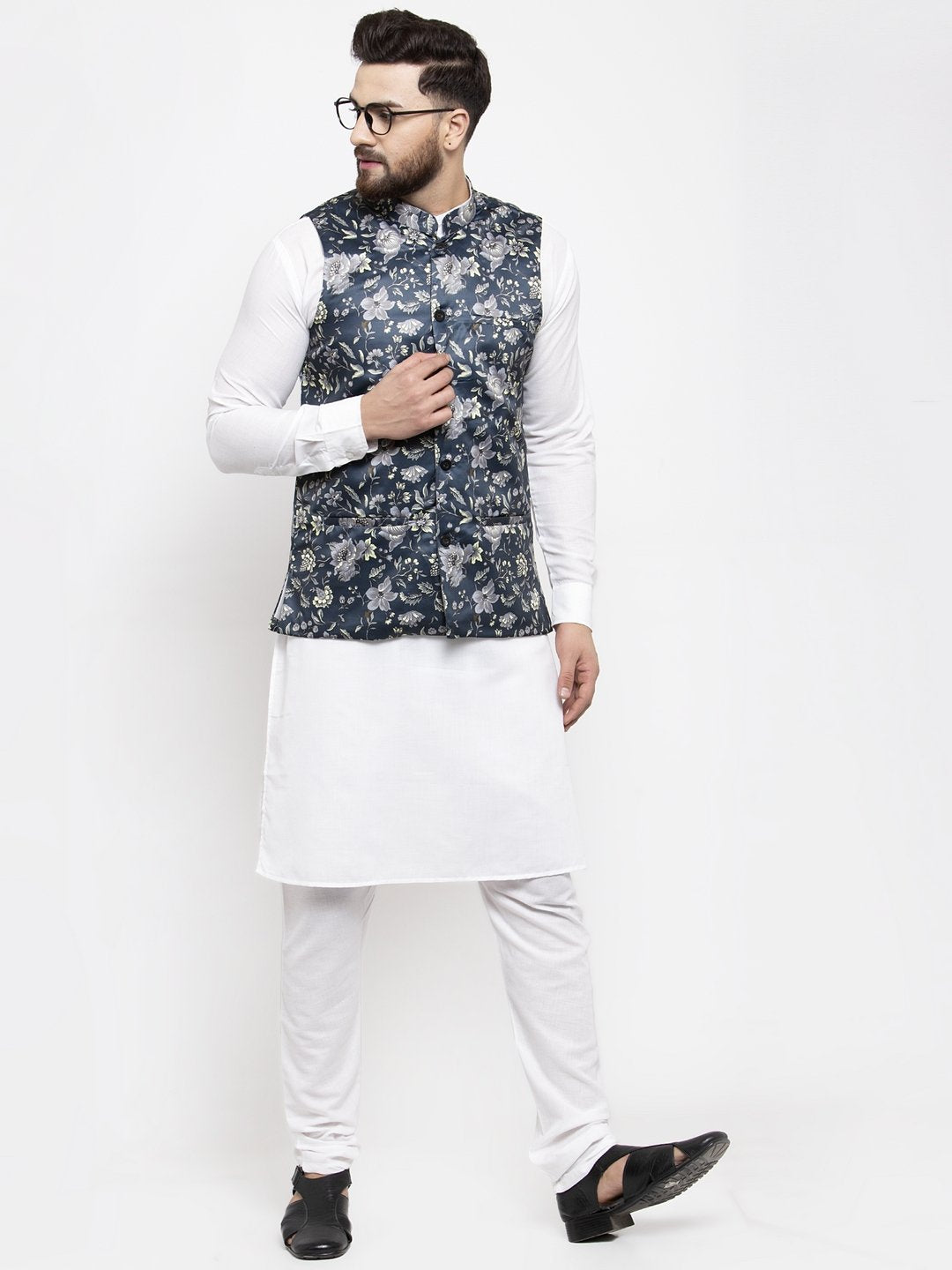 Men's White Solid Kurta with Churidar & Navy Blue Printed Nehru Jacket - Virat Fashions