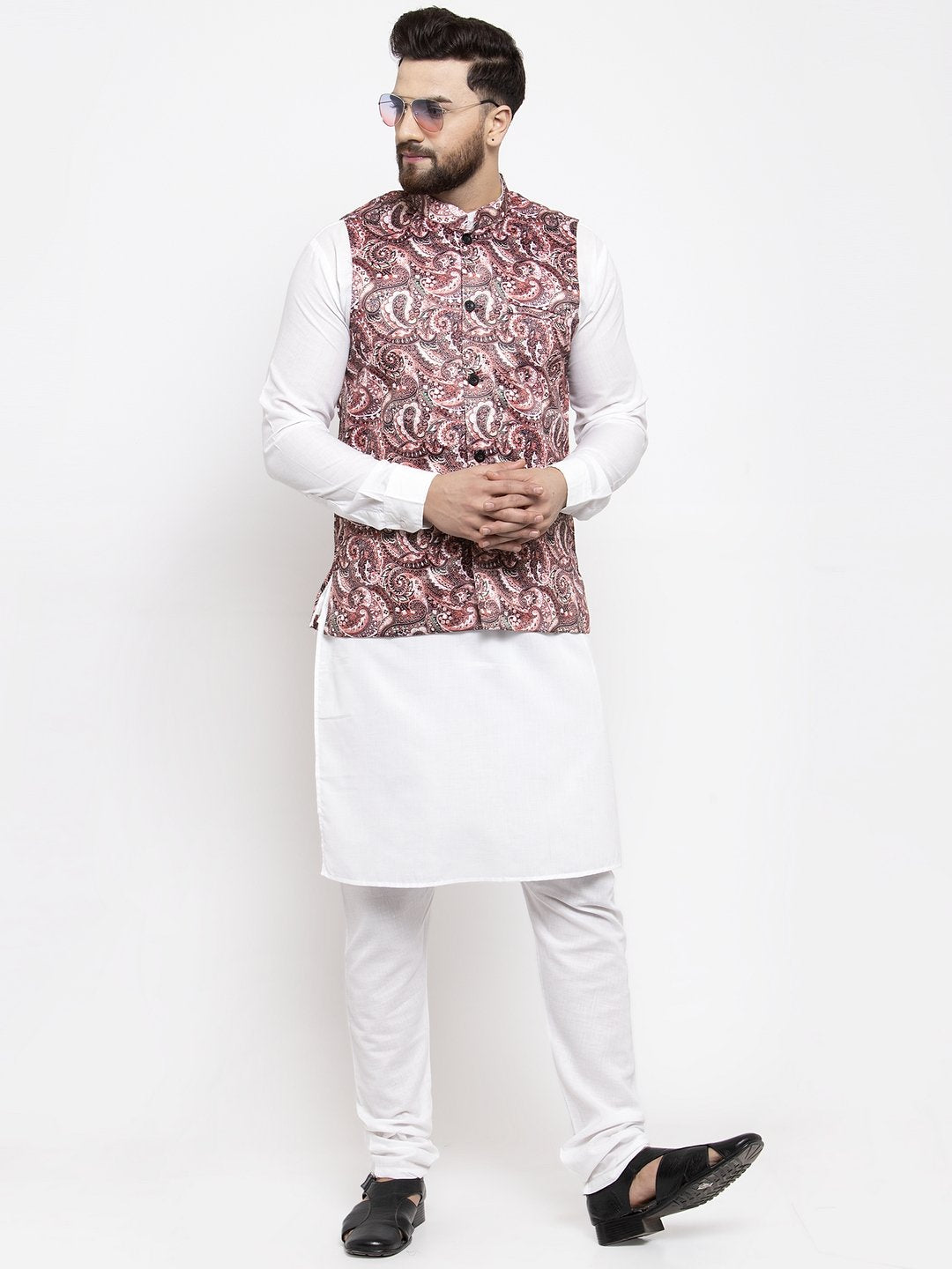 Men's White Solid Kurta with Churidar & Pink Printed Nehru Jacket - Virat Fashions