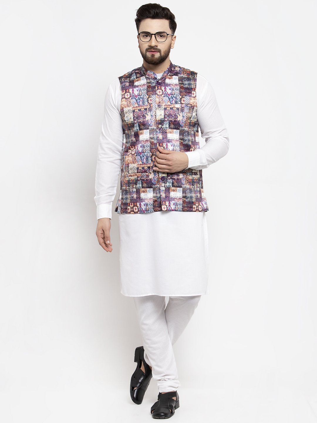 Men's White Solid Kurta with Churidar & Purple Printed Nehru Jacket - Virat Fashions