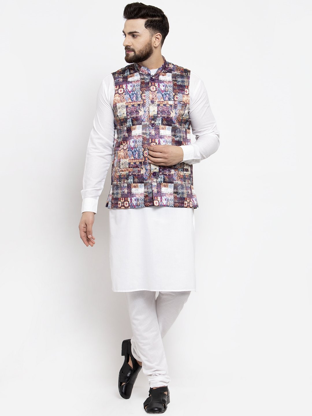 Men's White Solid Kurta with Churidar & Purple Printed Nehru Jacket - Virat Fashions
