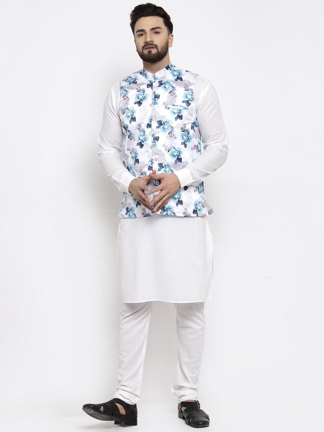 Men's White Solid Kurta with Churidar & Silver Printed Nehru Jacket - Virat Fashions
