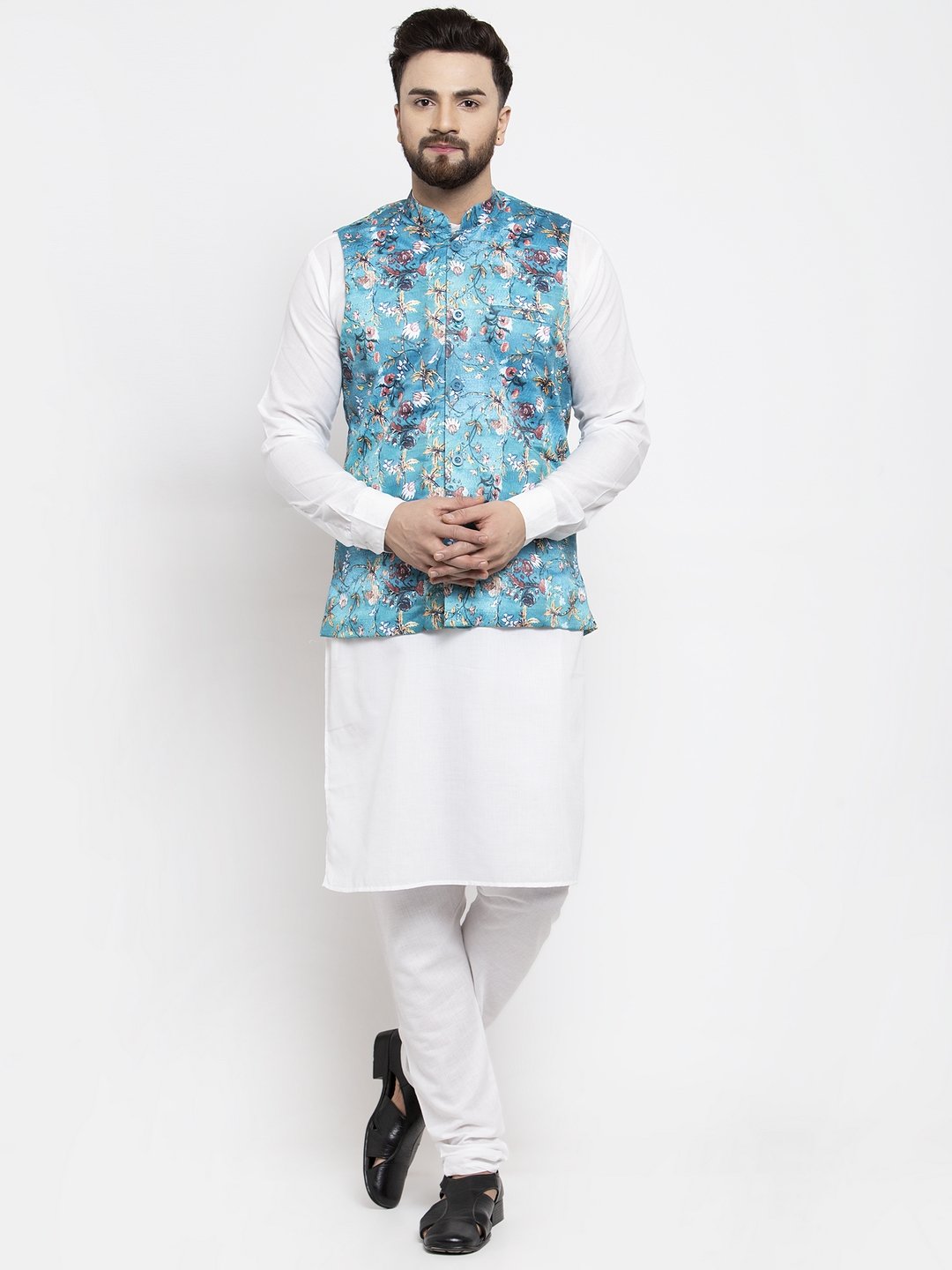 Men's White Solid Kurta with Churidar & Sky Blue Printed Nehru Jacket - Virat Fashions