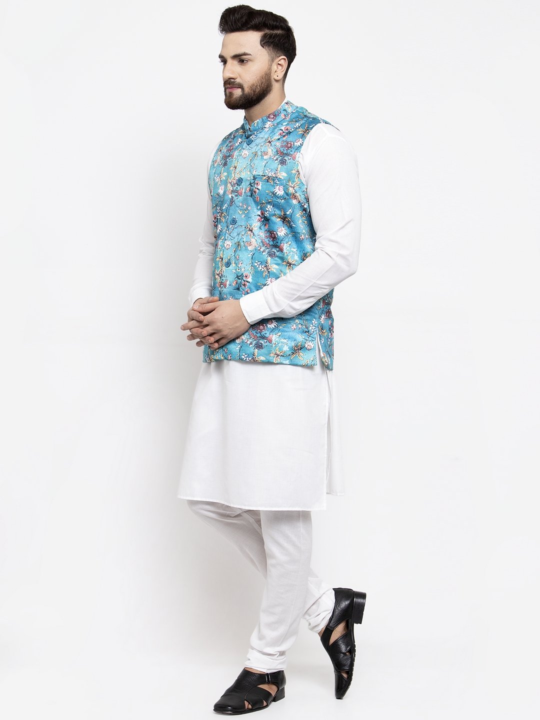 Men's White Solid Kurta with Churidar & Sky Blue Printed Nehru Jacket - Virat Fashions