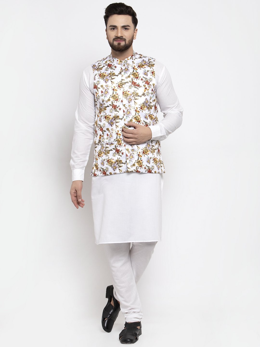Men's White Solid Kurta with Churidar & White Printed Nehru Jacket by Virat Fashions (3pc Set)