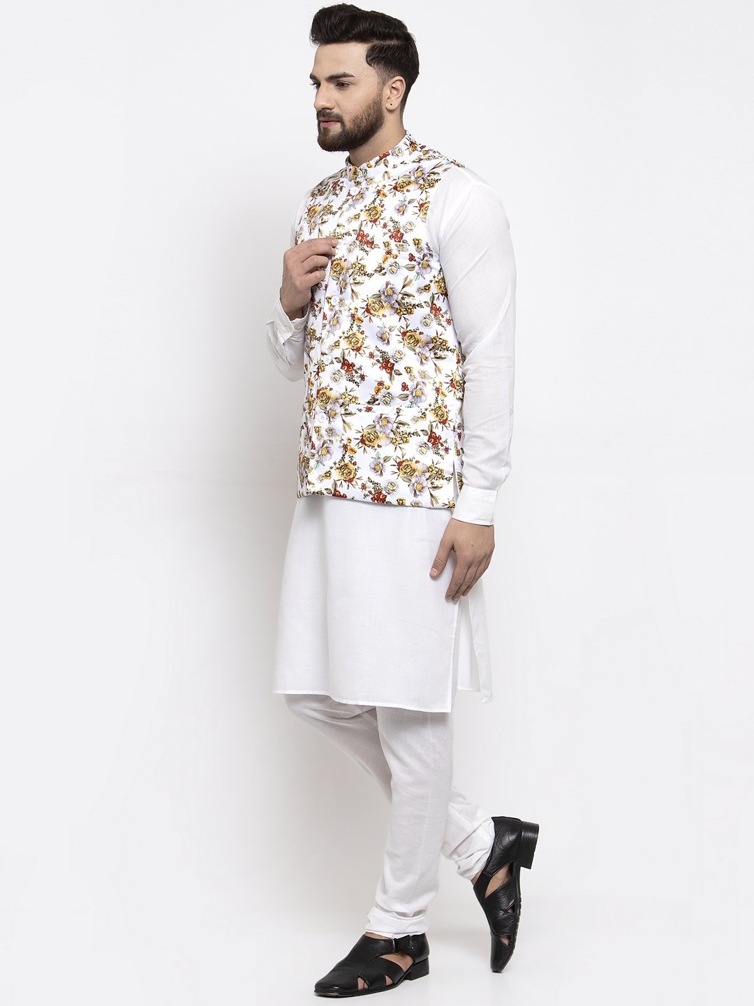 Men's White Solid Kurta with Churidar & White Printed Nehru Jacket by Virat Fashions (3pc Set)