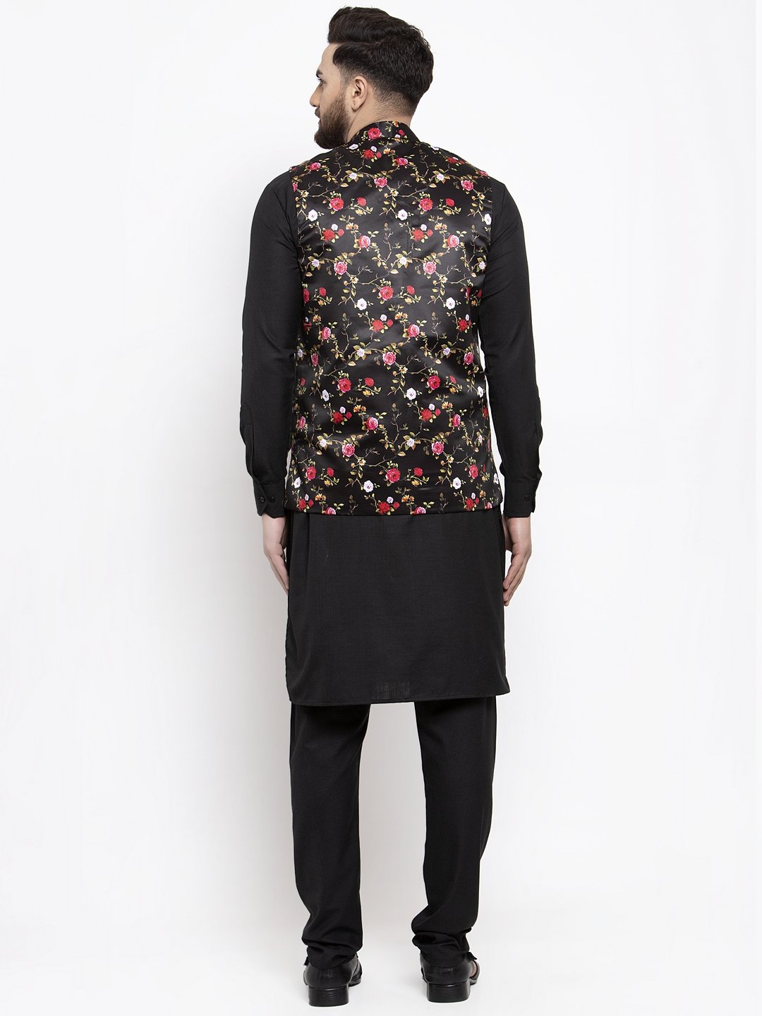 Men's Black Solid Kurta with Churidar & Black Printed Nehru Jacket - Virat Fashions