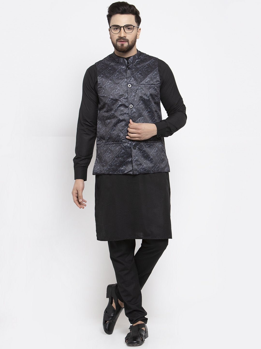 Men's Black Solid Kurta with Churidar & Charcoal Grey Printed Nehru Jacket - Virat Fashions