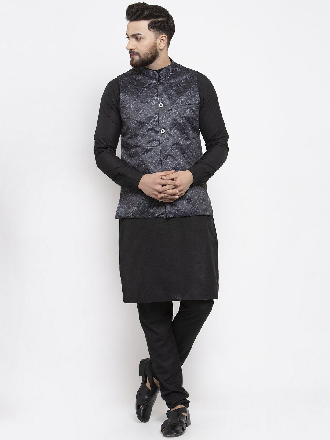 Men's Black Solid Kurta with Churidar & Charcoal Grey Printed Nehru Jacket - Virat Fashions