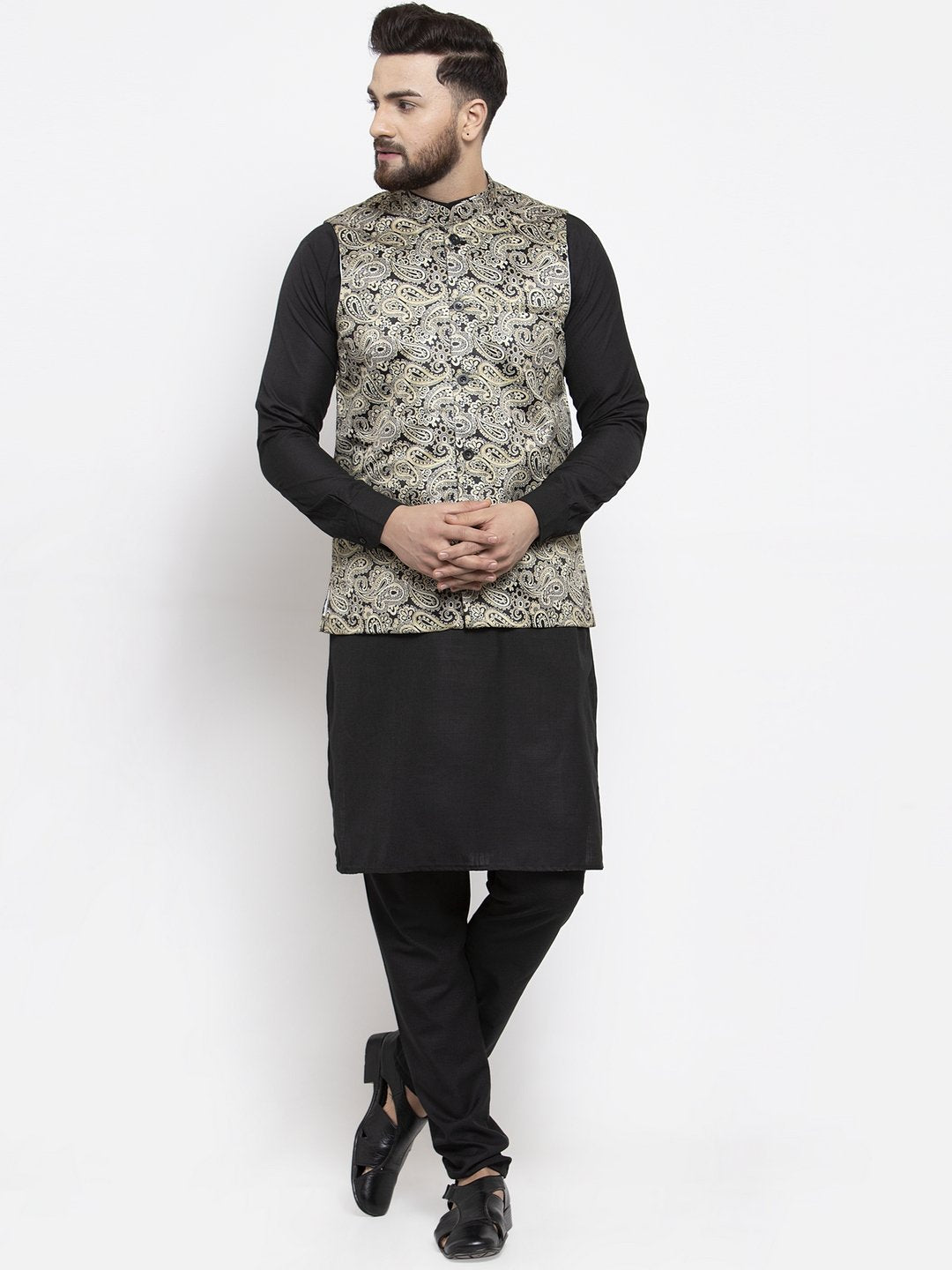 Men's Black Solid Kurta with Churidar & Golden Printed Nehru Jacket - Virat Fashions