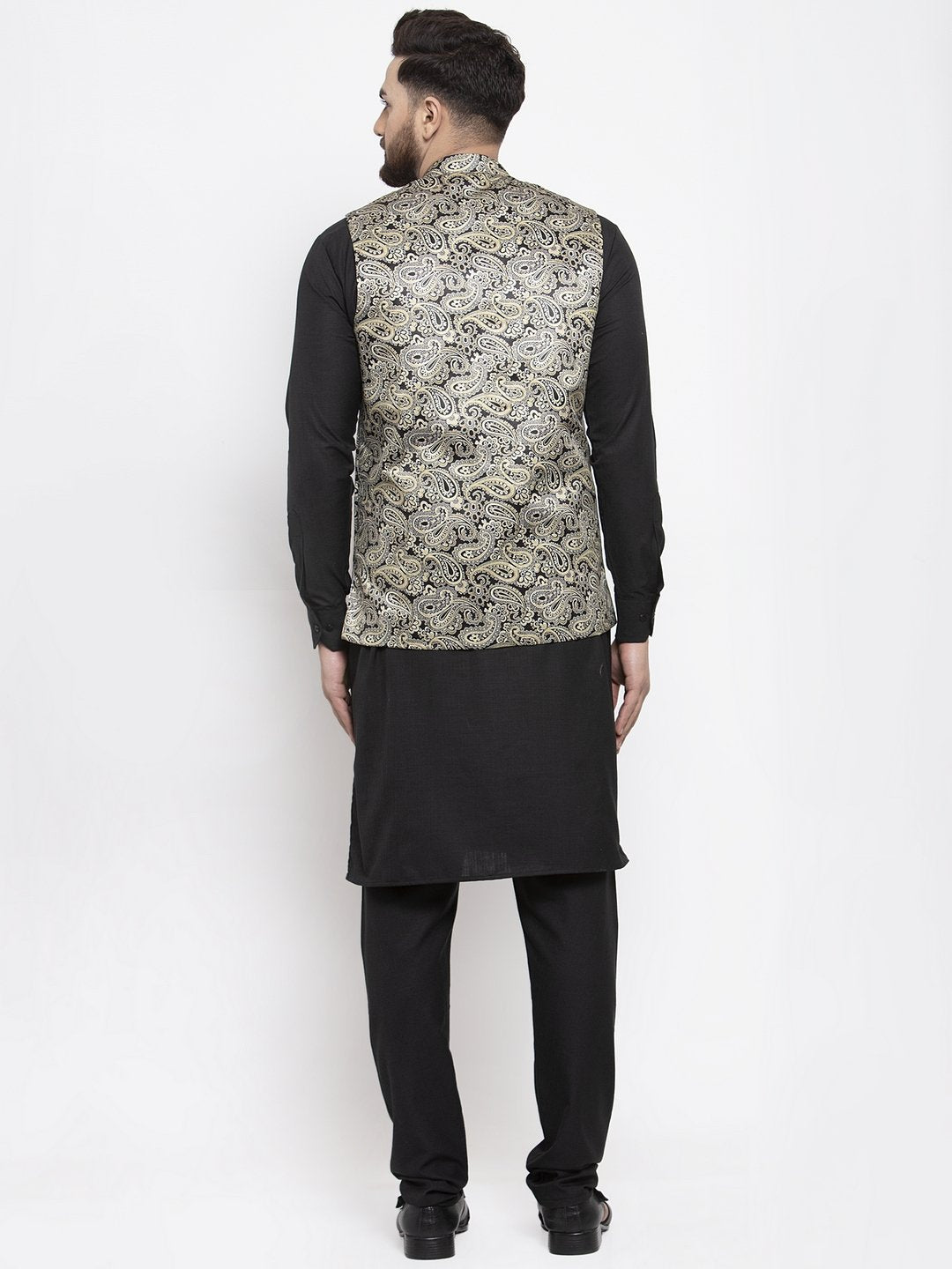 Men's Black Solid Kurta with Churidar & Golden Printed Nehru Jacket - Virat Fashions