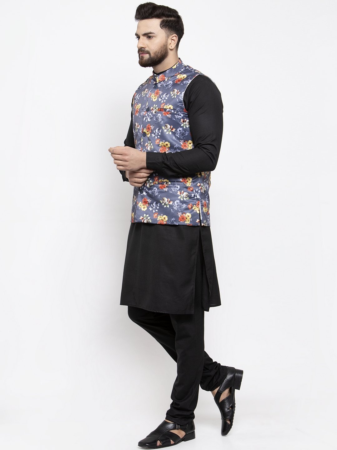 Men's Black Solid Kurta with Churidar & Grey Printed Nehru Jacket - Virat Fashions