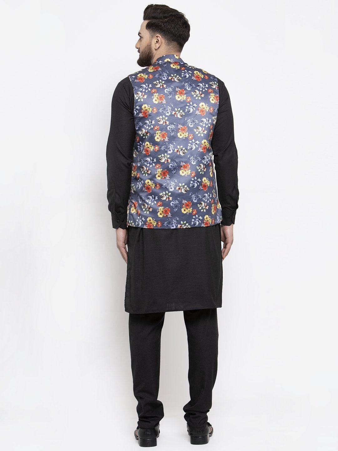 Men's Black Solid Kurta with Churidar & Grey Printed Nehru Jacket - Virat Fashions