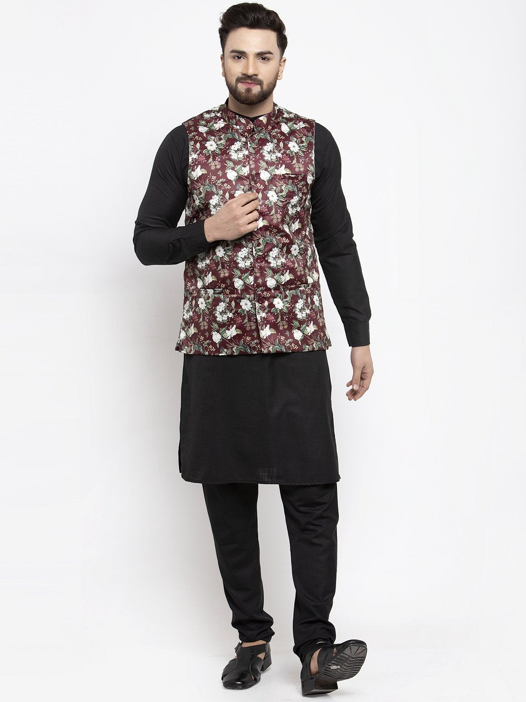 Men's Black Solid Kurta with Churidar & Maroon Printed Nehru Jacket - Virat Fashions