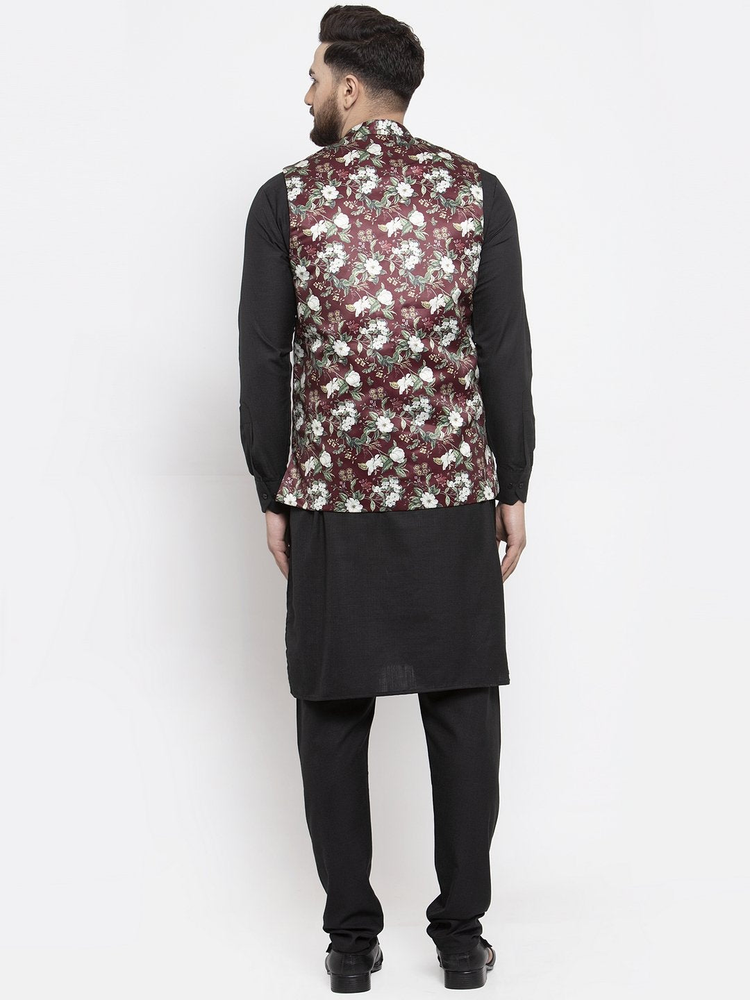 Men's Black Solid Kurta with Churidar & Maroon Printed Nehru Jacket - Virat Fashions