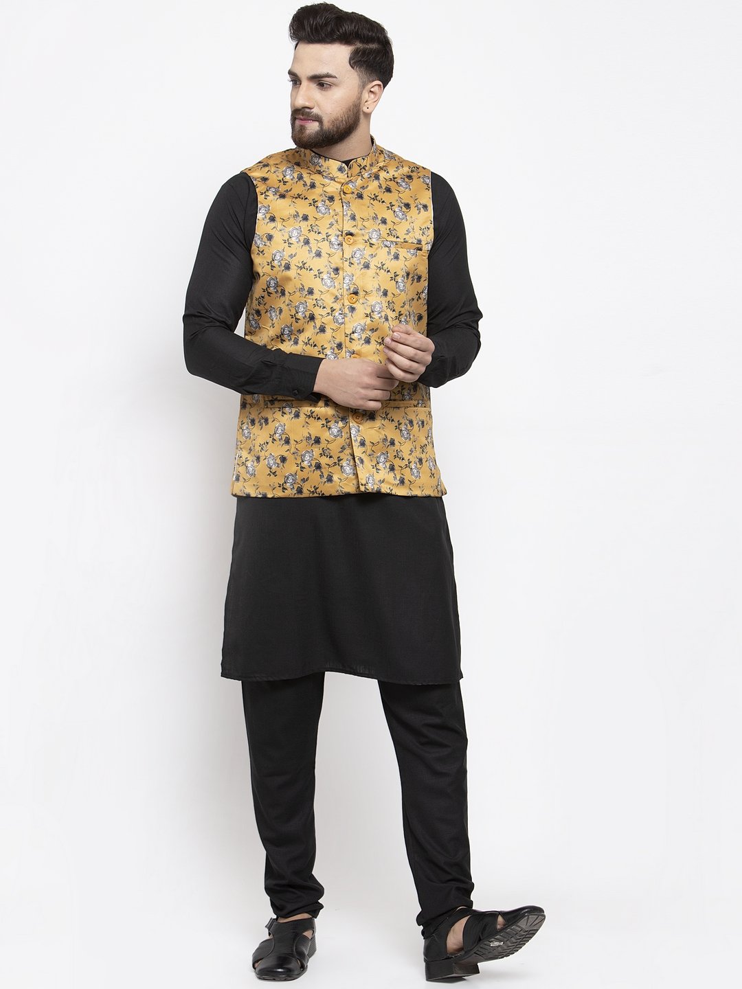 Men's Black Solid Kurta with Churidar & Mustard Printed Nehru Jacket - Virat Fashions
