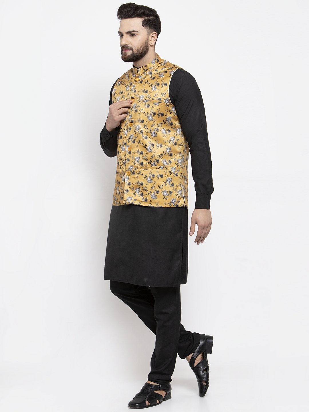 Men's Black Solid Kurta with Churidar & Mustard Printed Nehru Jacket - Virat Fashions
