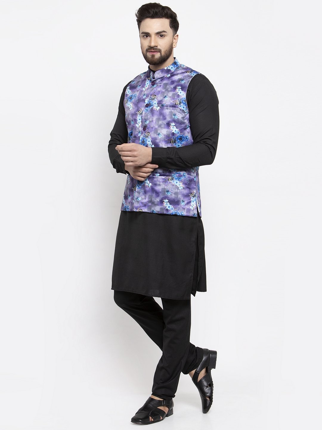 Men's Black Solid Kurta with Churidar & Voilet Printed Nehru Jacket - Virat Fashions