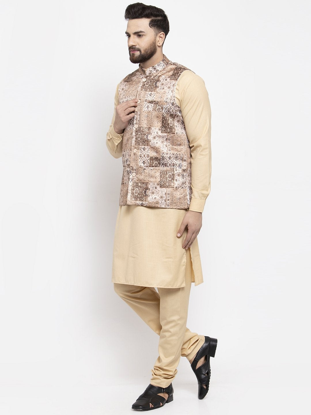 Men's Beige Solid Kurta with Churidar & Beige Printed Nehru Jacket - Virat Fashions