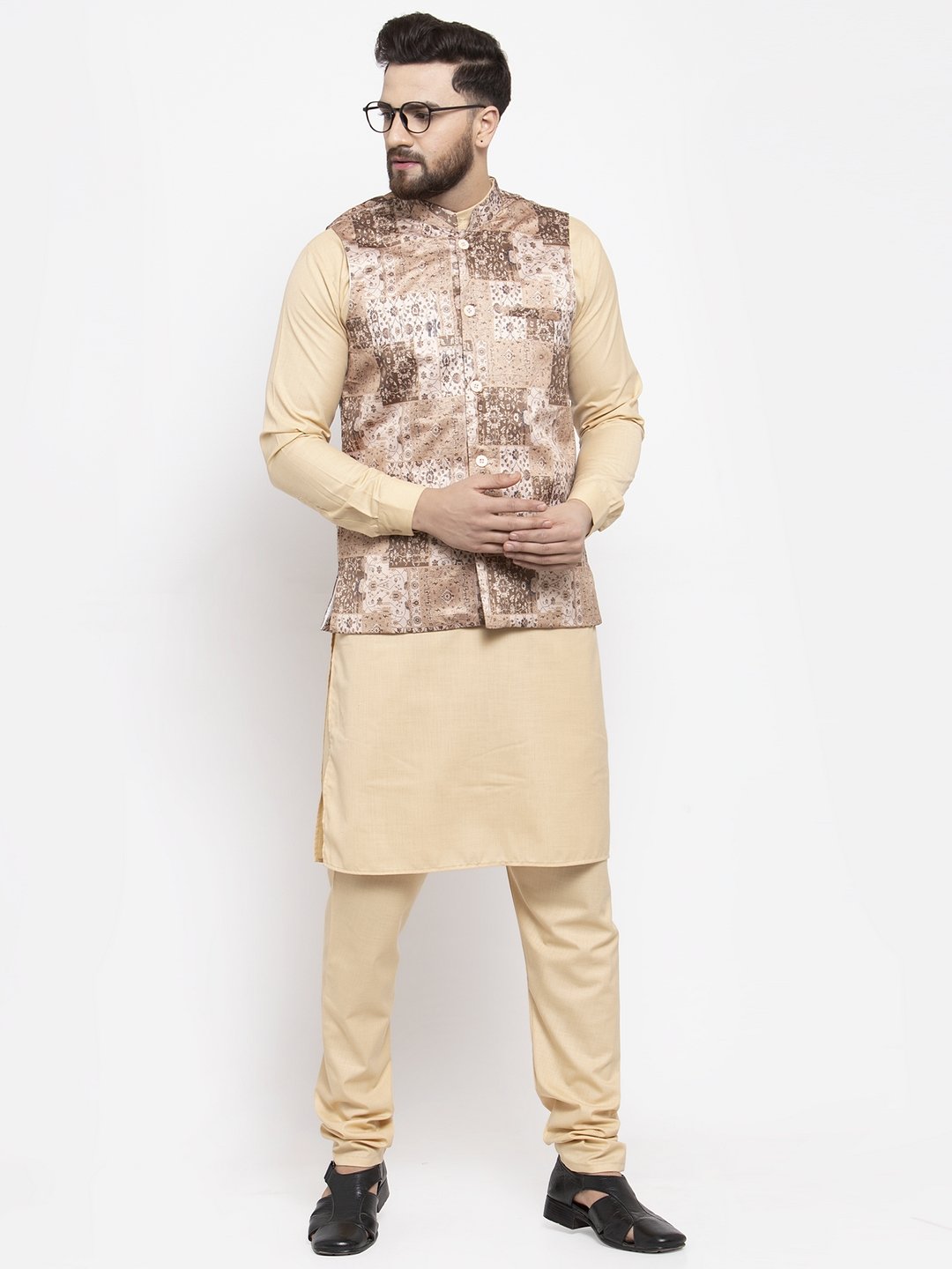 Men's Beige Solid Kurta with Churidar & Beige Printed Nehru Jacket - Virat Fashions