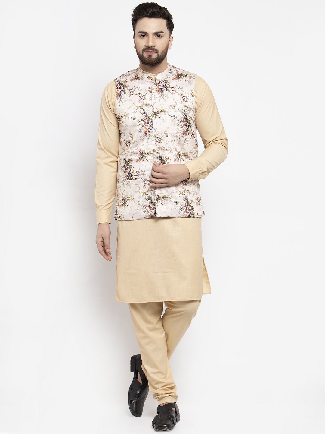 Men's Beige Solid Kurta with Churidar & Cream Printed Nehru Jacket - Virat Fashions