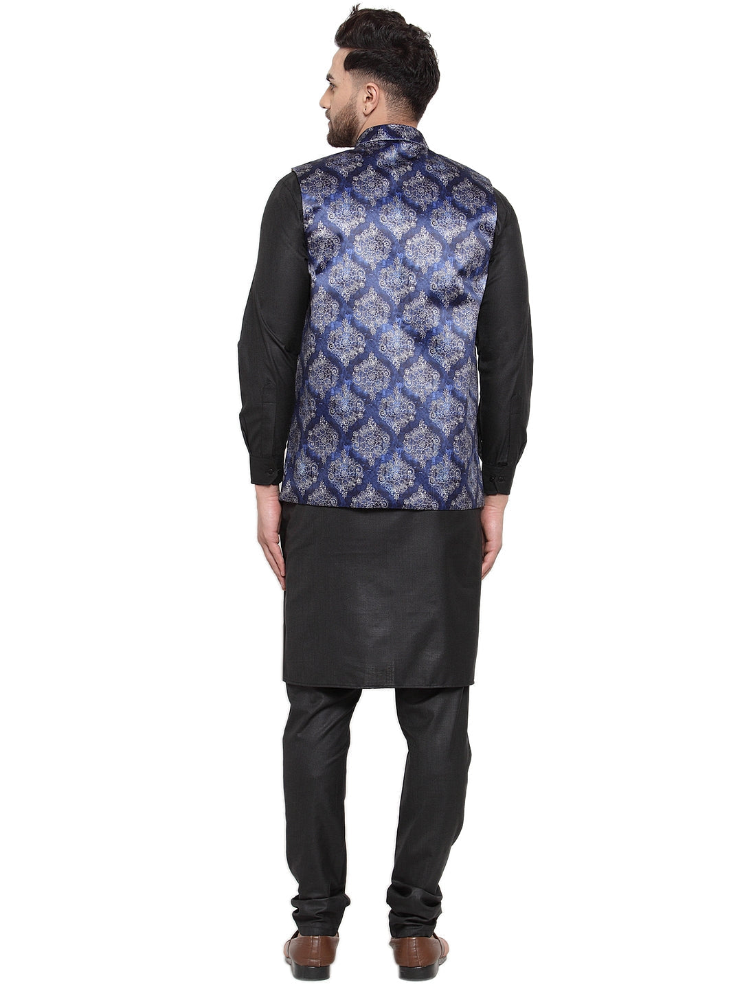 Men's Solid Cotton Kurta Pajama with Printed Waistcoat ( JOKP WC 4061 Blue-B ) - Virat Fashions