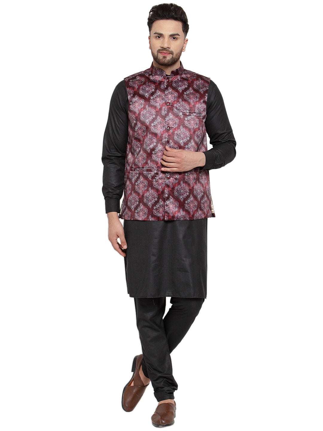 Men's Solid Cotton Kurta Pajama with Printed Waistcoat ( JOKP WC 4061 Maroon-B ) - Virat Fashions