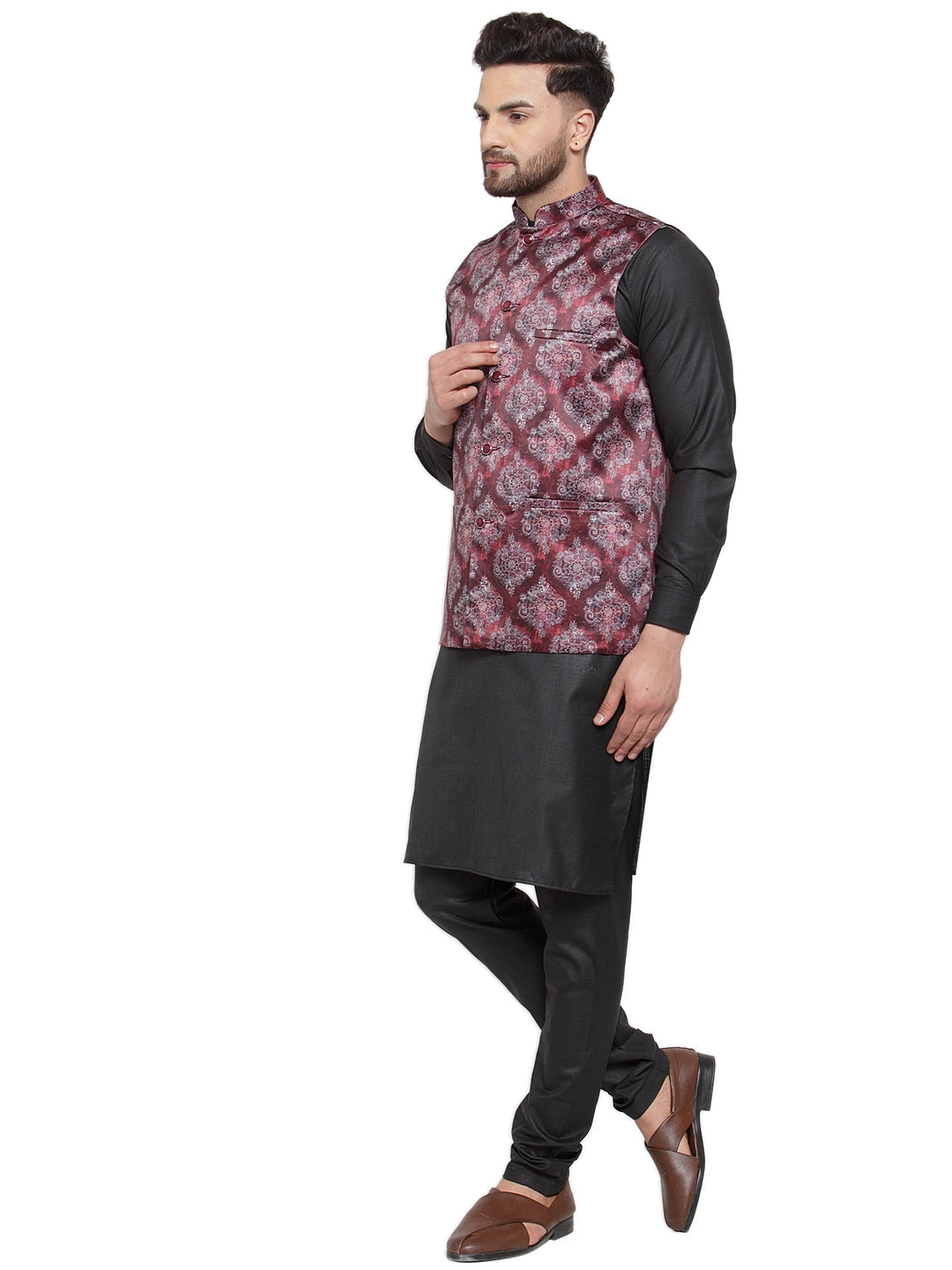 Men's Solid Cotton Kurta Pajama with Printed Waistcoat ( JOKP WC 4061 Maroon-B ) - Virat Fashions