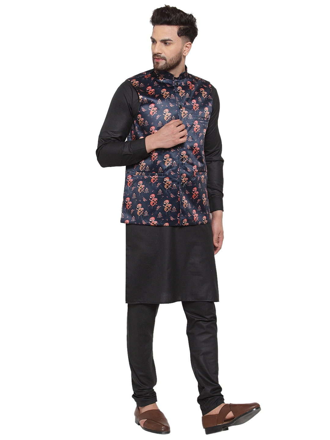 Men's Solid Cotton Kurta Pajama with Printed Waistcoat ( JOKP WC 4061 Navy-B ) - Virat Fashions
