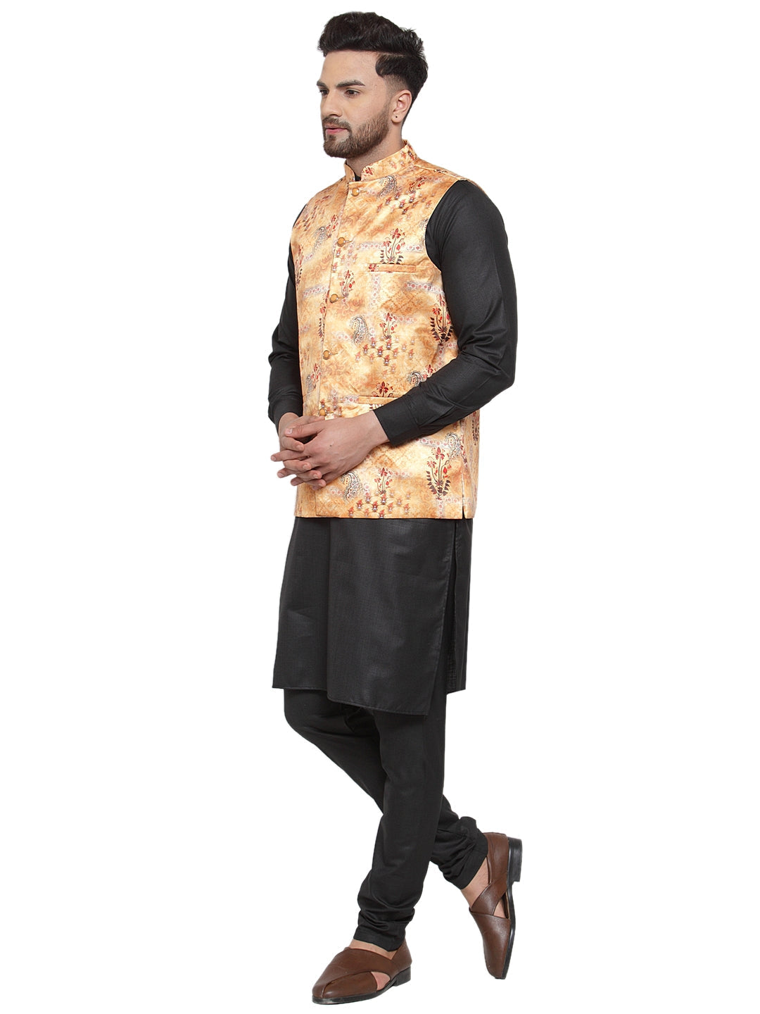 Men's Solid Cotton Kurta Pajama with Printed Waistcoat ( JOKP WC 4061 Orange-B ) - Virat Fashions