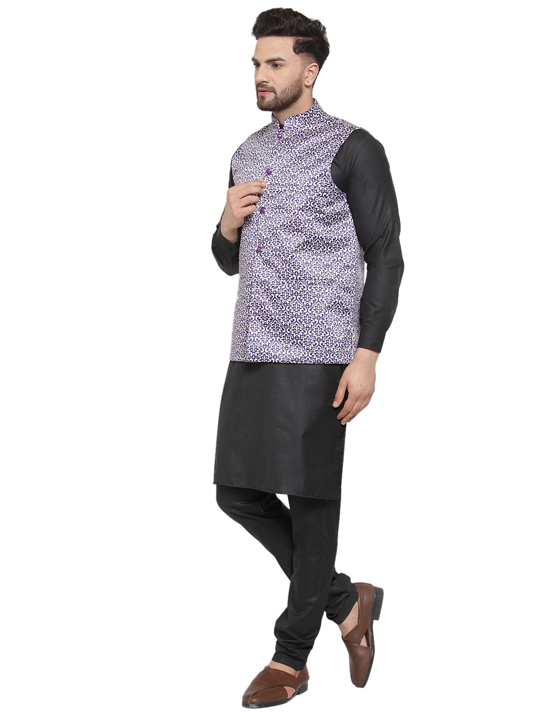 Men's Solid Cotton Kurta Pajama with Printed Waistcoat ( JOKP WC 4061 Purple-B ) - Virat Fashions
