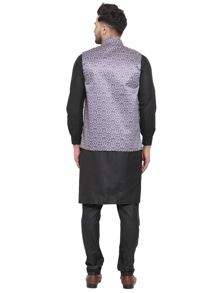 Men's Solid Cotton Kurta Pajama with Printed Waistcoat ( JOKP WC 4061 Purple-B )