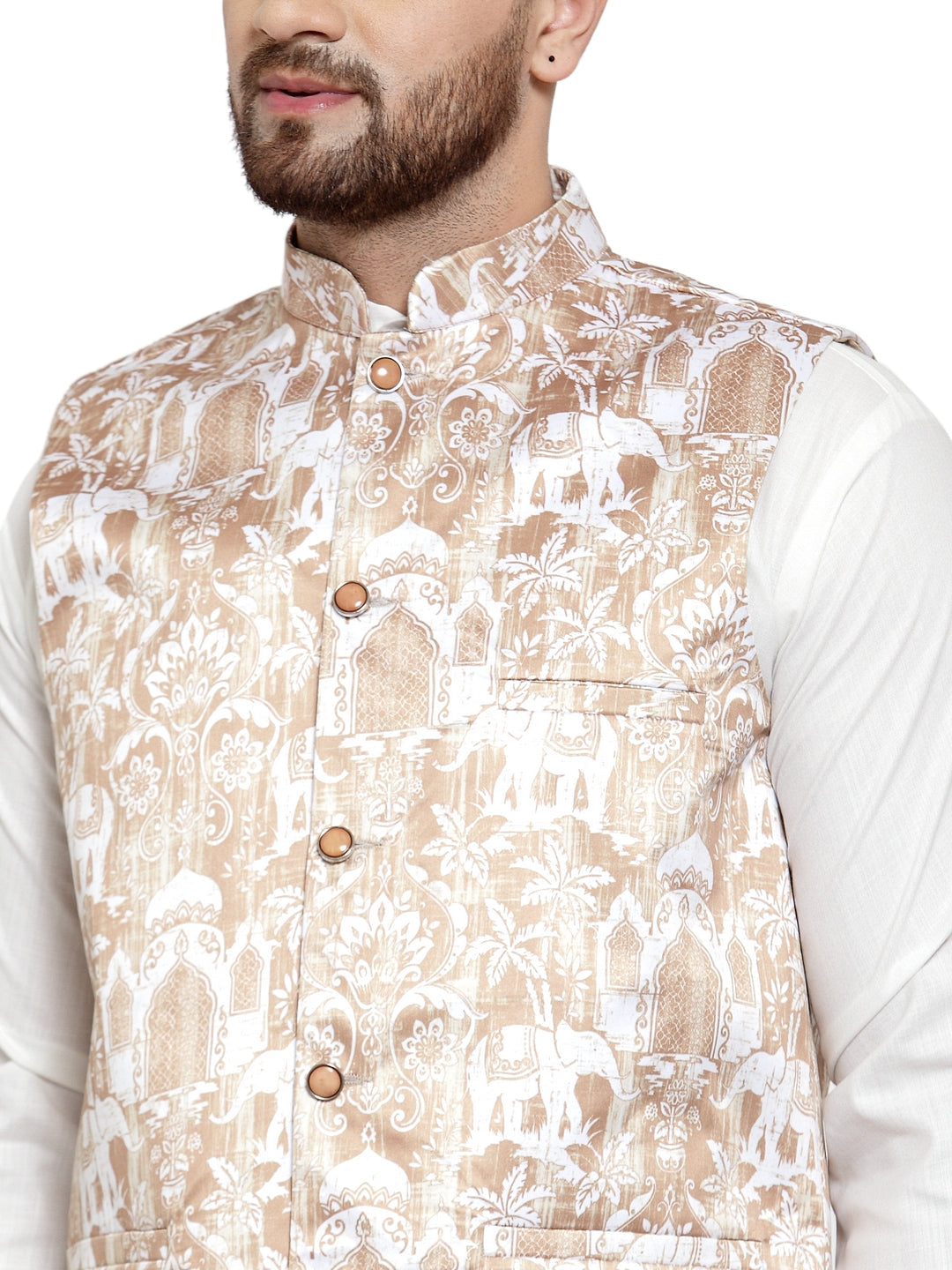 Men's Solid Cotton Kurta Pajama with Printed Waistcoat ( JOKP WC 4062 Beige-W ) - Virat Fashions