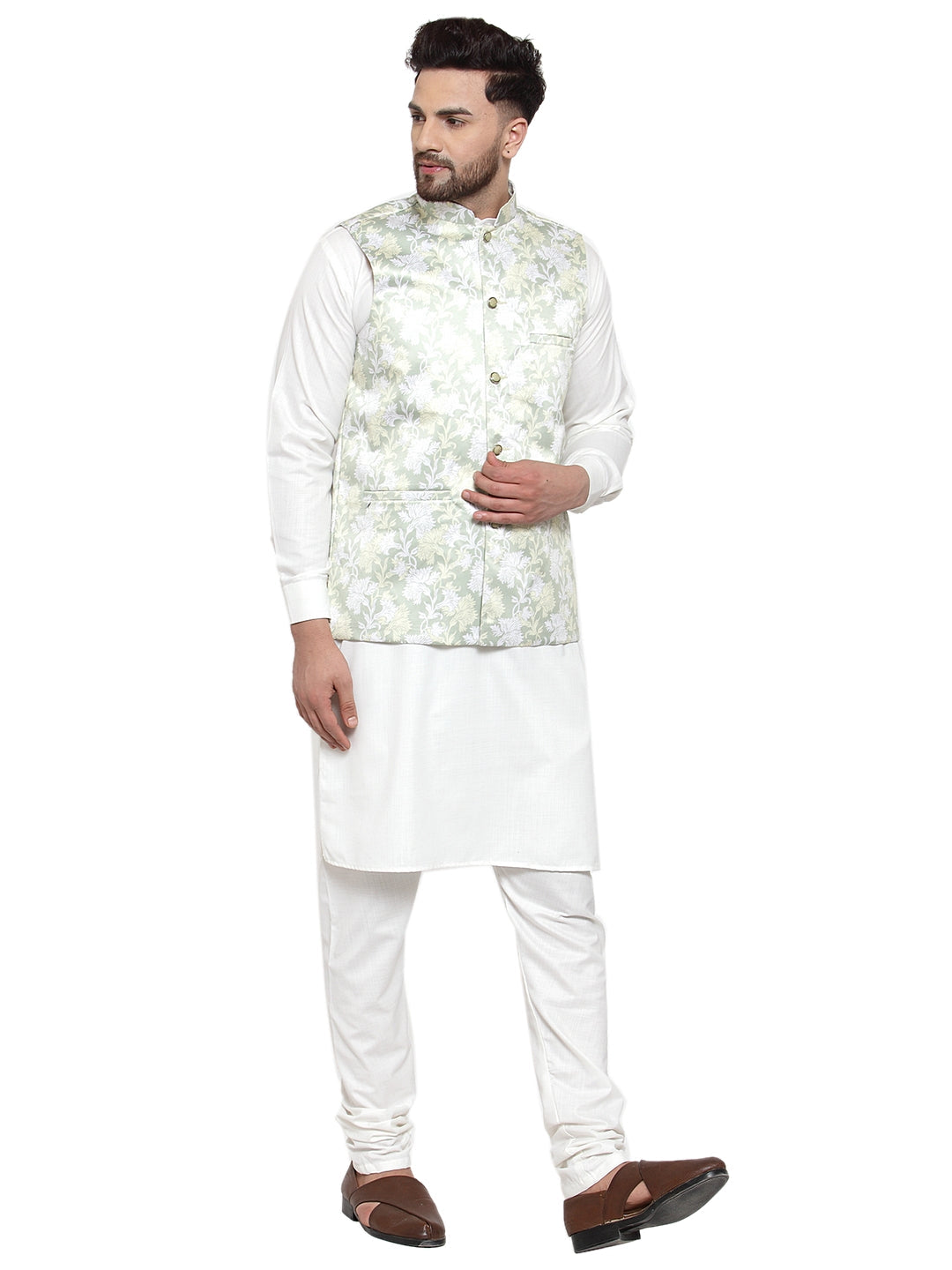 Men's Solid Cotton Kurta Pajama with Printed Waistcoat ( JOKP WC 4062 LIme-W ) - Virat Fashions
