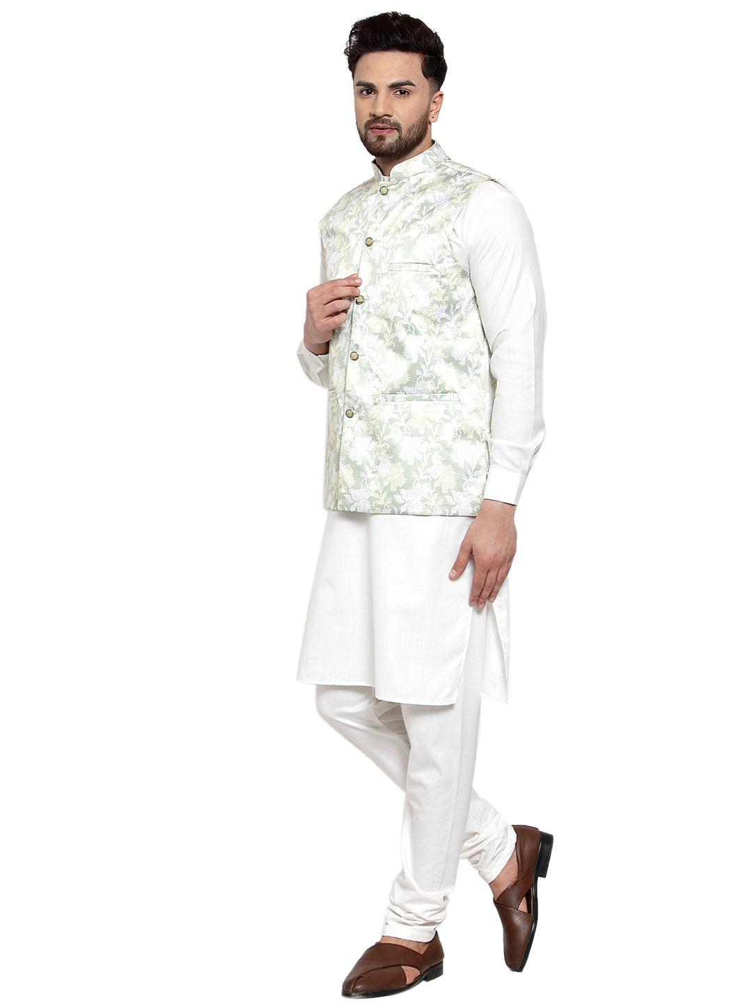 Men's Solid Cotton Kurta Pajama with Printed Waistcoat ( JOKP WC 4062 LIme-W ) - Virat Fashions