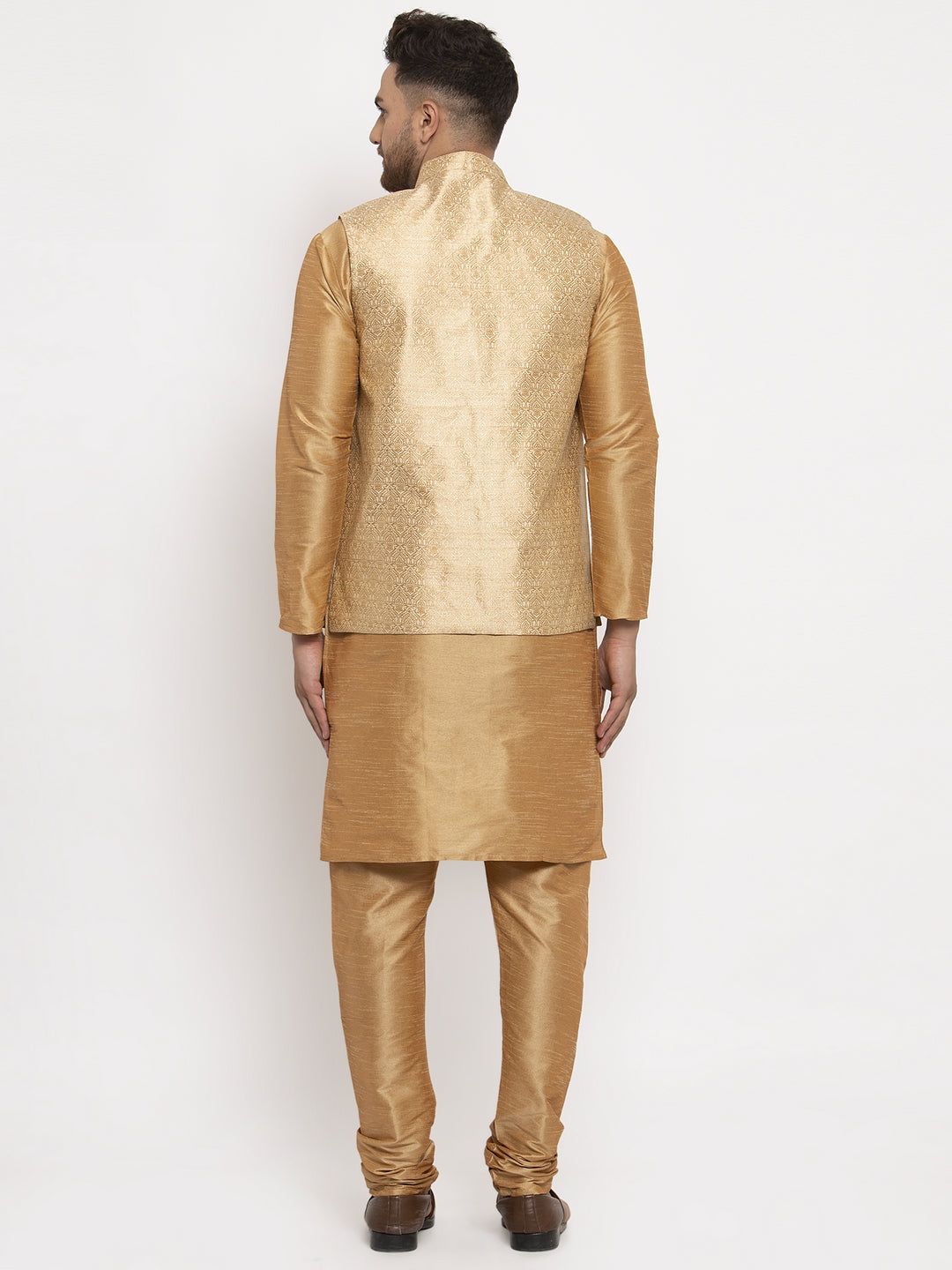 Men's Solid Dupion Kurta Pajama with Woven Jacqaurd Waistcoat ( JOKP WC 4063Golden-G ) - Virat Fashions