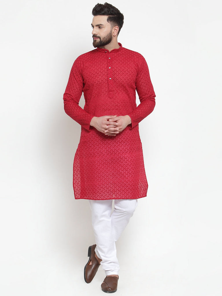 Men's Maroon Chikan Kurta With Churidar ( Jokp 561 Maroon )