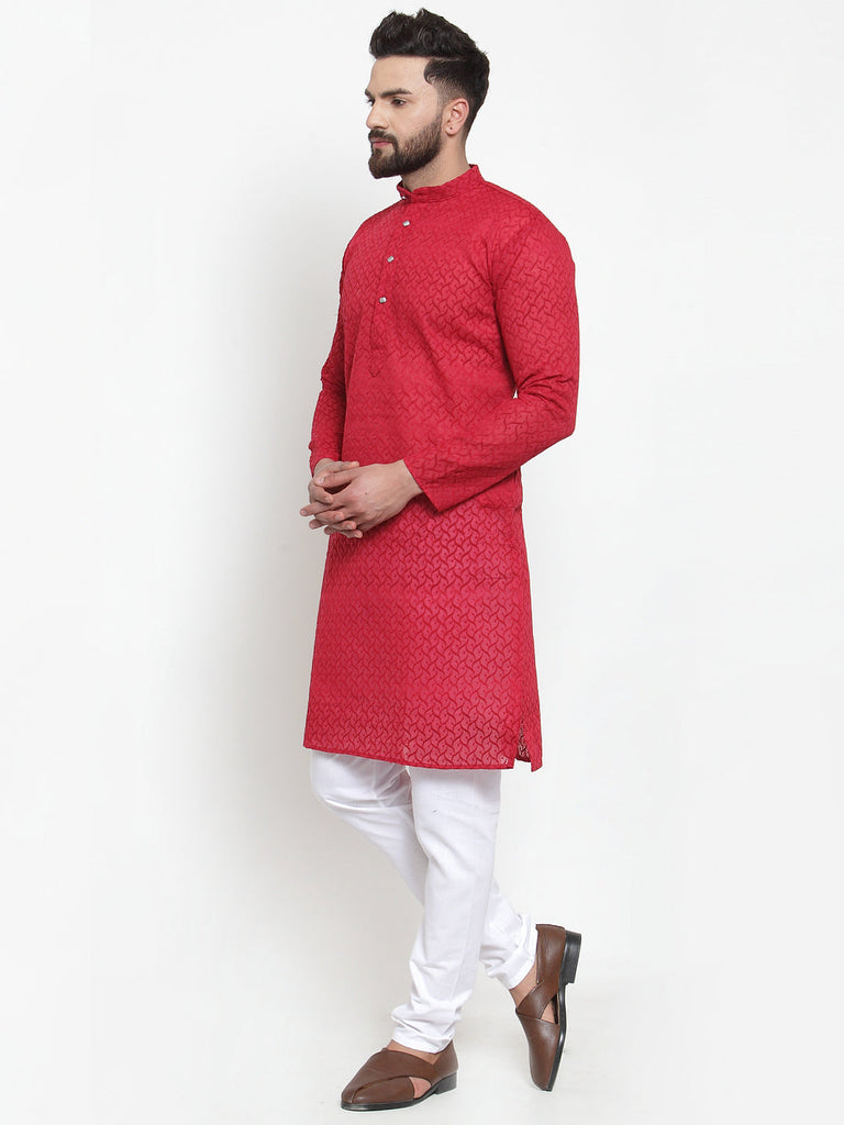 Men's Maroon Chikan Kurta With Churidar ( Jokp 561 Maroon )
