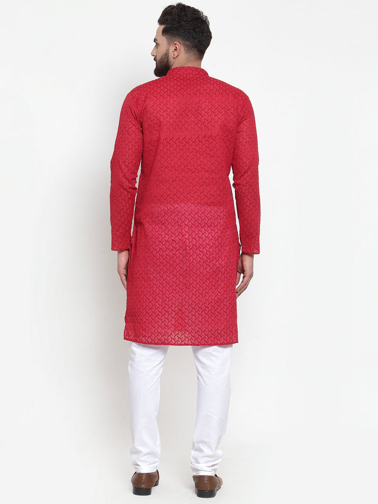 Men's Maroon Chikan Kurta With Churidar ( Jokp 561 Maroon )